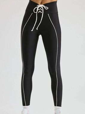 Year of Ours Black Leggings with White Contrast Piping and Lace-Up Waist